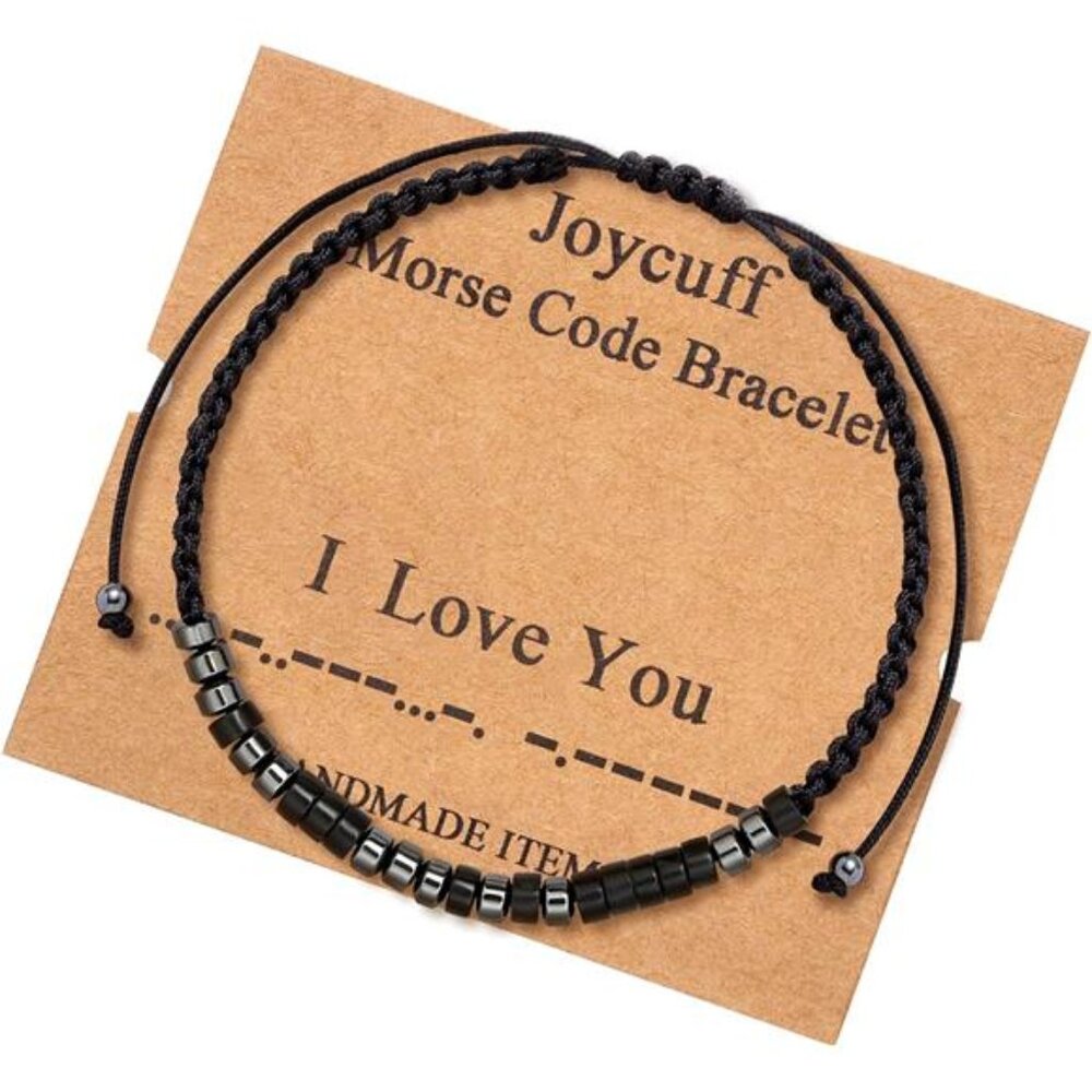 Morse Code Bracelet I Love You Adjustable Cord Hematite Beads Gift For Women Men